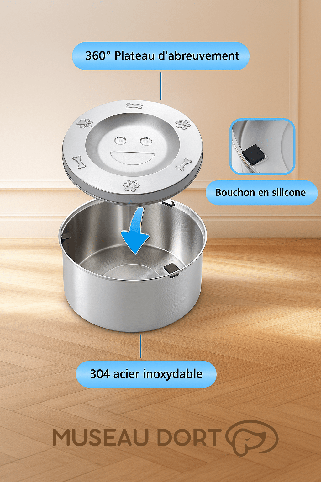 Gamelle chien inox 304 avec plateau flottant 360° et bouchon silicone anti-éclaboussures Museau Dort