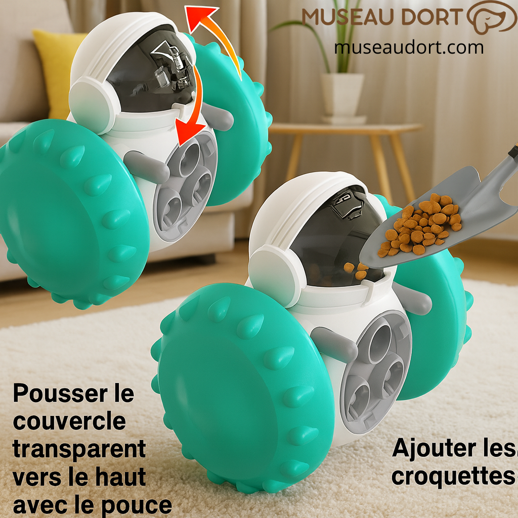 Ouverture du jouet distributeur de croquettes et ajout des croquettes avec le pouce, démonstration claire – Museau Dort