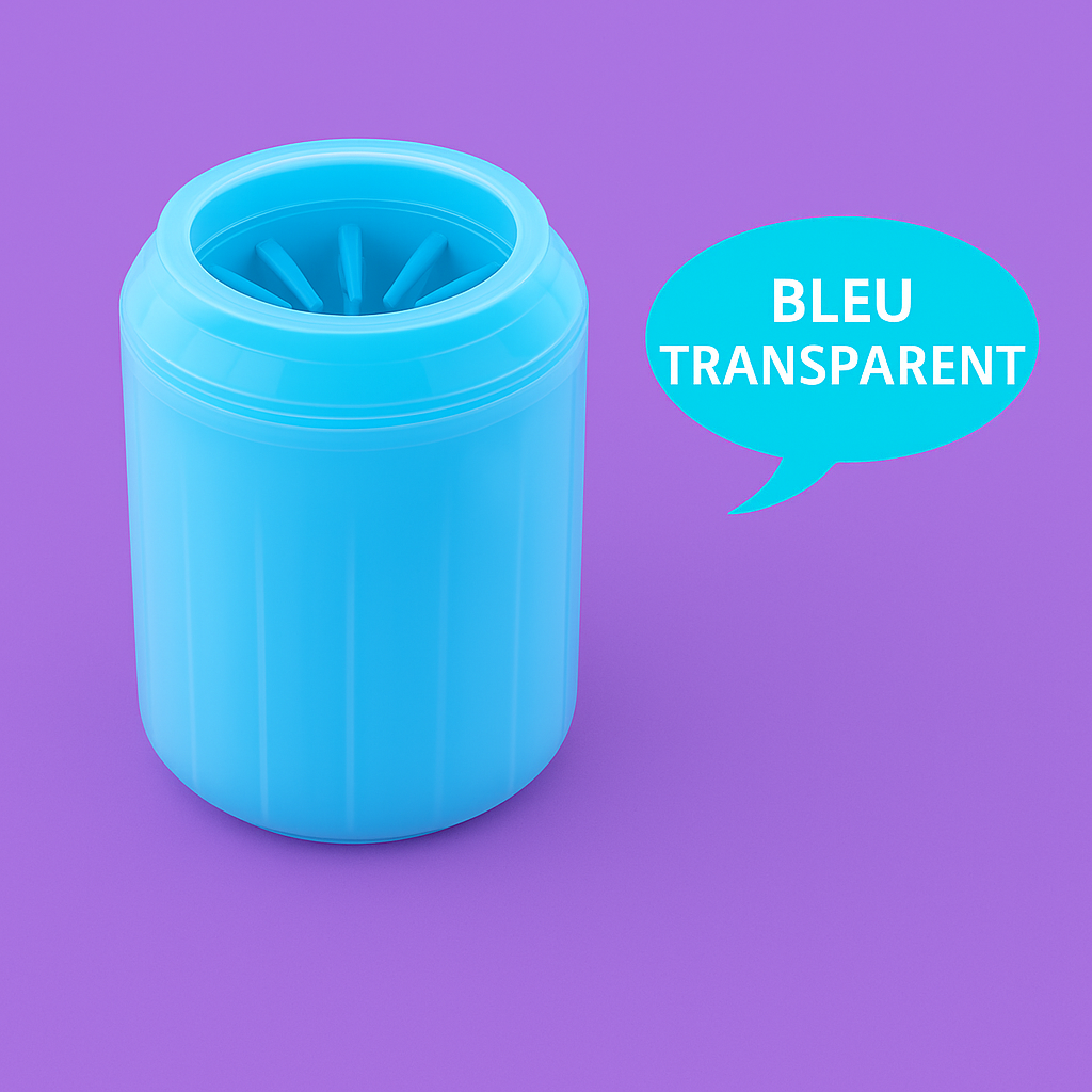 Lave-patte bleu transparent pour chien avec bulle de texte, fond violet contrastĂ© â Disponible chez Museau Dort