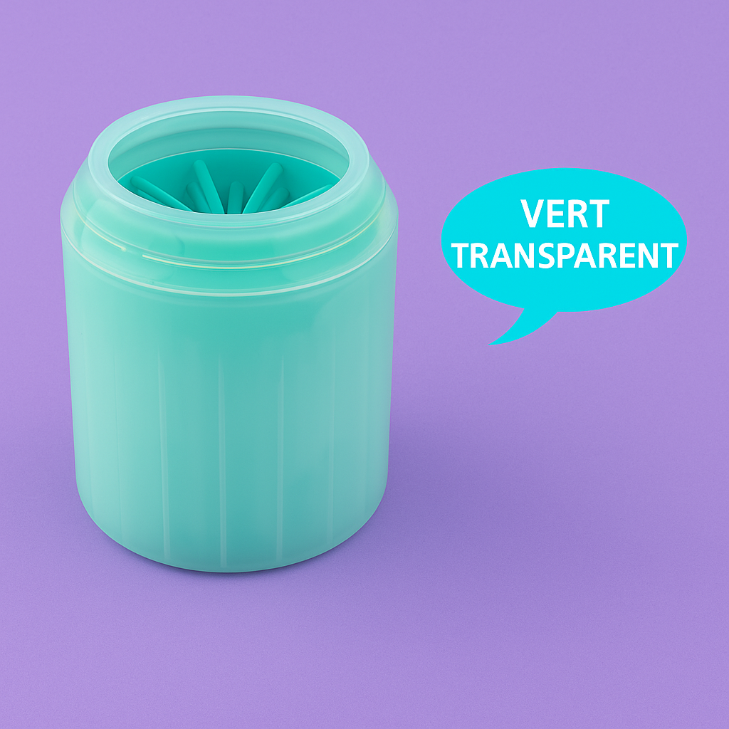 Lave-patte vert transparent pour chien prĂ©sentĂ© sur fond violet â Disponible chez Museau Dort