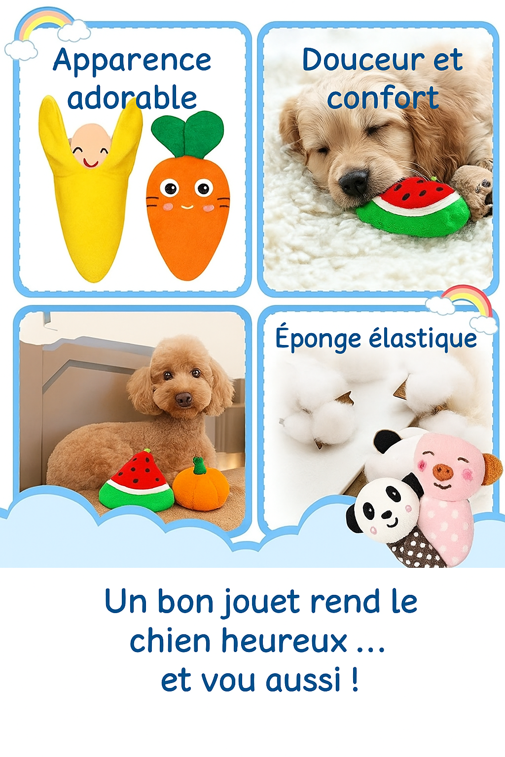 Caractéristiques jouet peluche pour chien : douceur, sécurité, éponge élastique. Disponible chez Museau Dort.