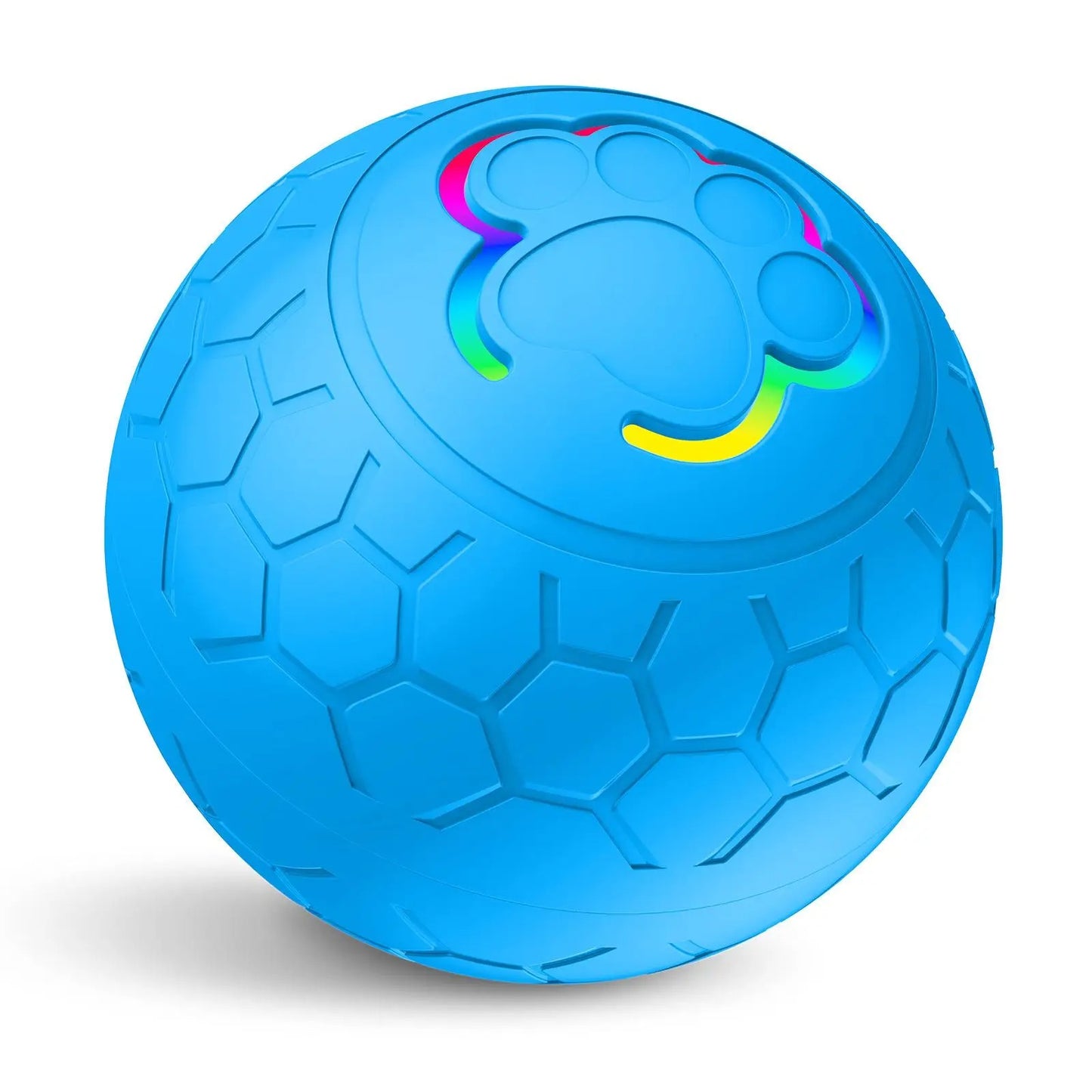 Balle interactive bleue pour chien avec lumiÚre LED et coque texturée antidérapante. Disponible chez Museau Dort