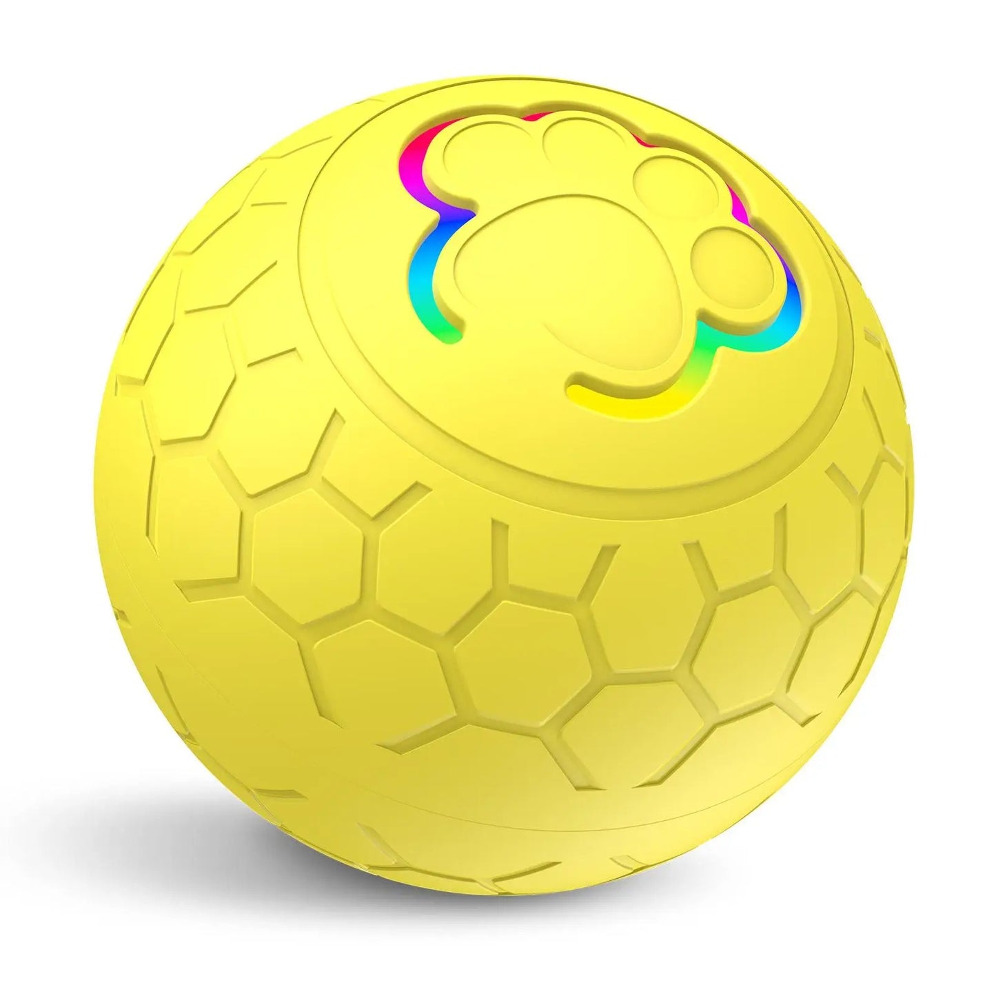 Balle interactive jaune pour chien avec LED intégrée et surface antidérapante. Disponible chez Museau Dort