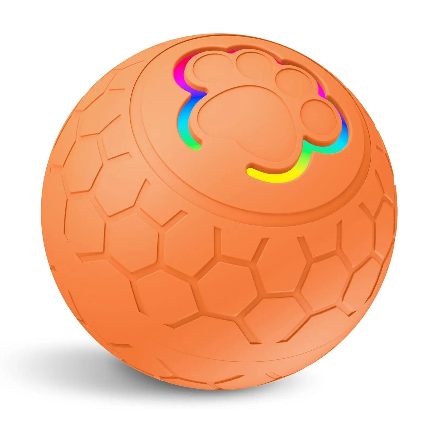 Balle interactive orange pour chien avec surface antidérapante et LED multicolores. Disponible chez Museau Dort