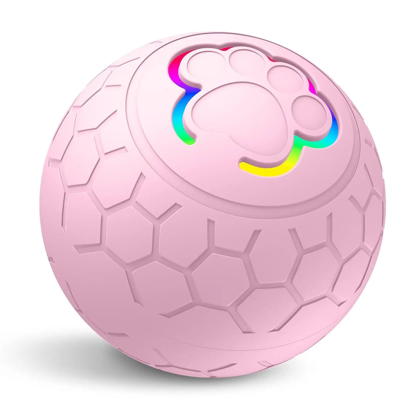 Balle interactive rose pour chien avec LED et surface texturée. Disponible chez Museau Dort