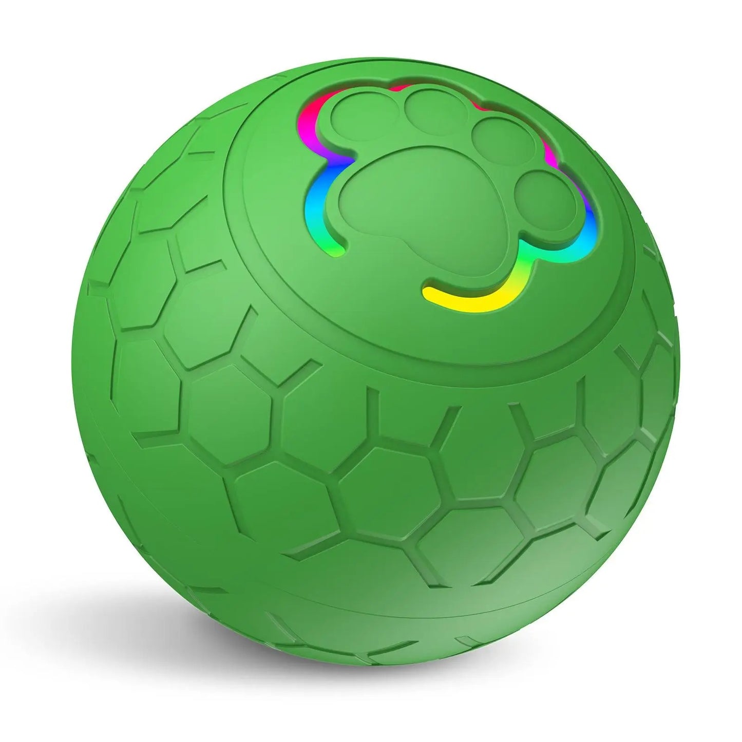 Balle interactive verte pour chien avec LED colorée et surface résistante aux morsures. Disponible chez Museau Dort
