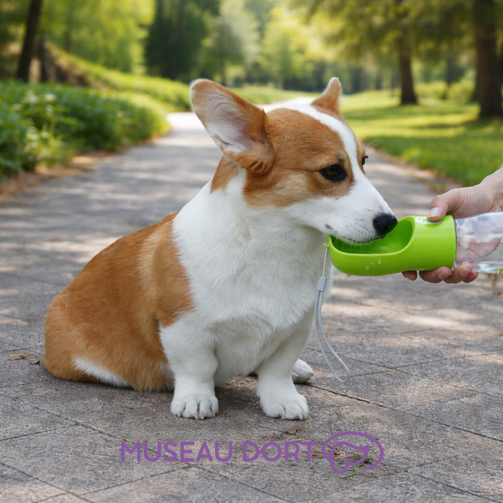 Chien buvant avec une bouteille d’eau portable pour chien lors d’une balade en extérieur, hydratation pratique, Museau Dort