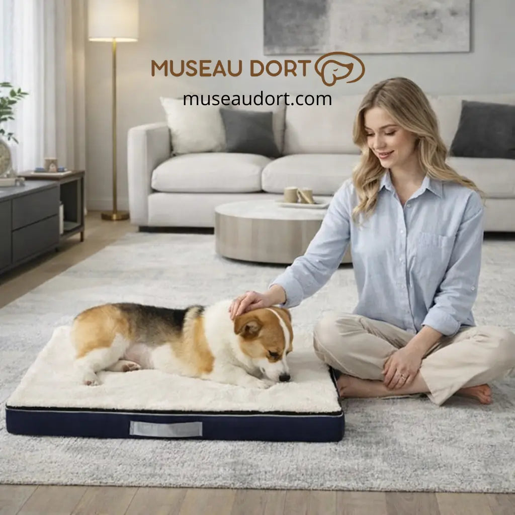 Chien allongé sur un coussin orthopédique confortable dans un salon moderne – Museau Dort
