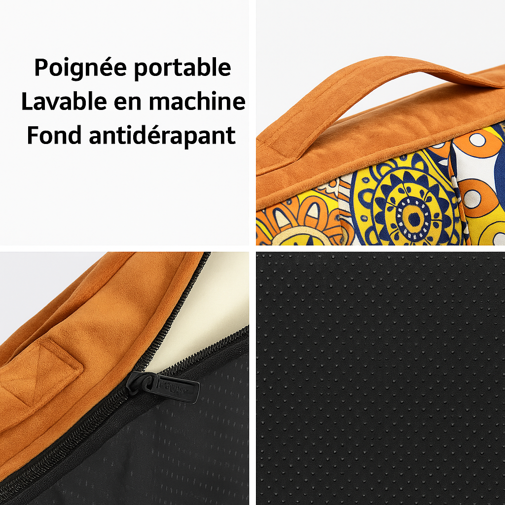 Détails du lit orthopédique marocain pour chien : poignée de transport, housse lavable, base antidérapante. Disponible chez Museau Dort.