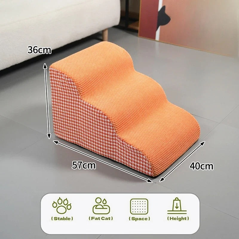 Escalier pour chien en mousse haute densité, 3 marches, stable et antidérapant, dimensions 57x40x36 cm, coloris orange motif pied-de-poule, disponible chez Museau Dort