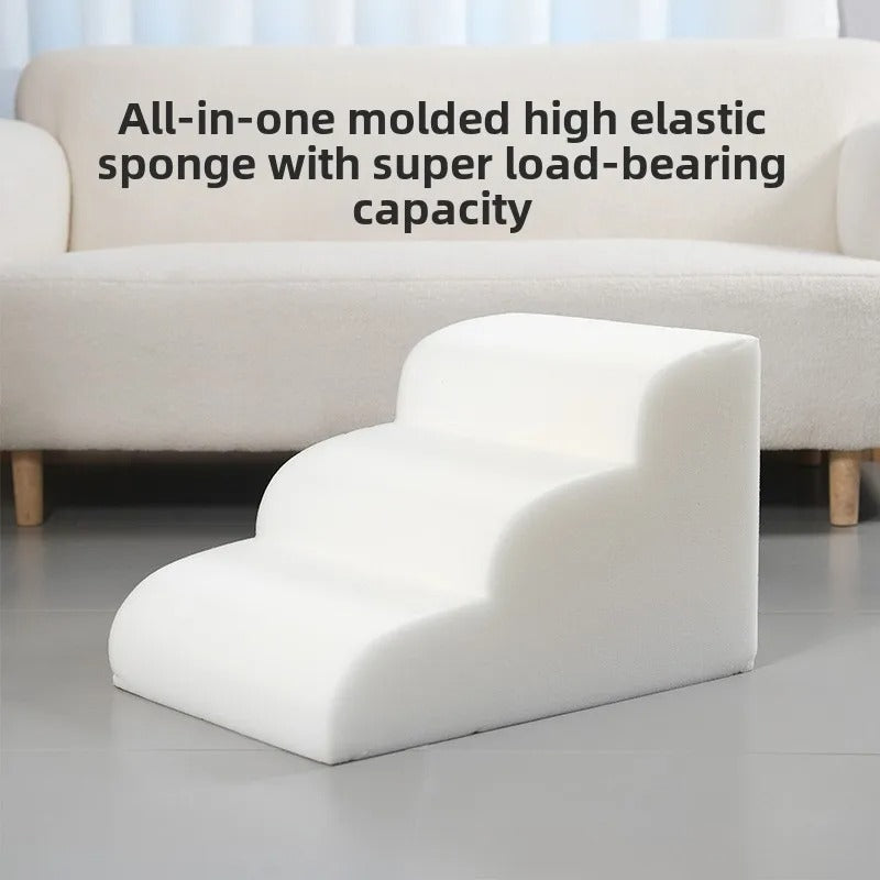 Escalier pour chien blanc en mousse moulée haute densité, 3 marches, sans housse, ultra résistant et confortable, supporte les charges lourdes, disponible chez Museau Dort