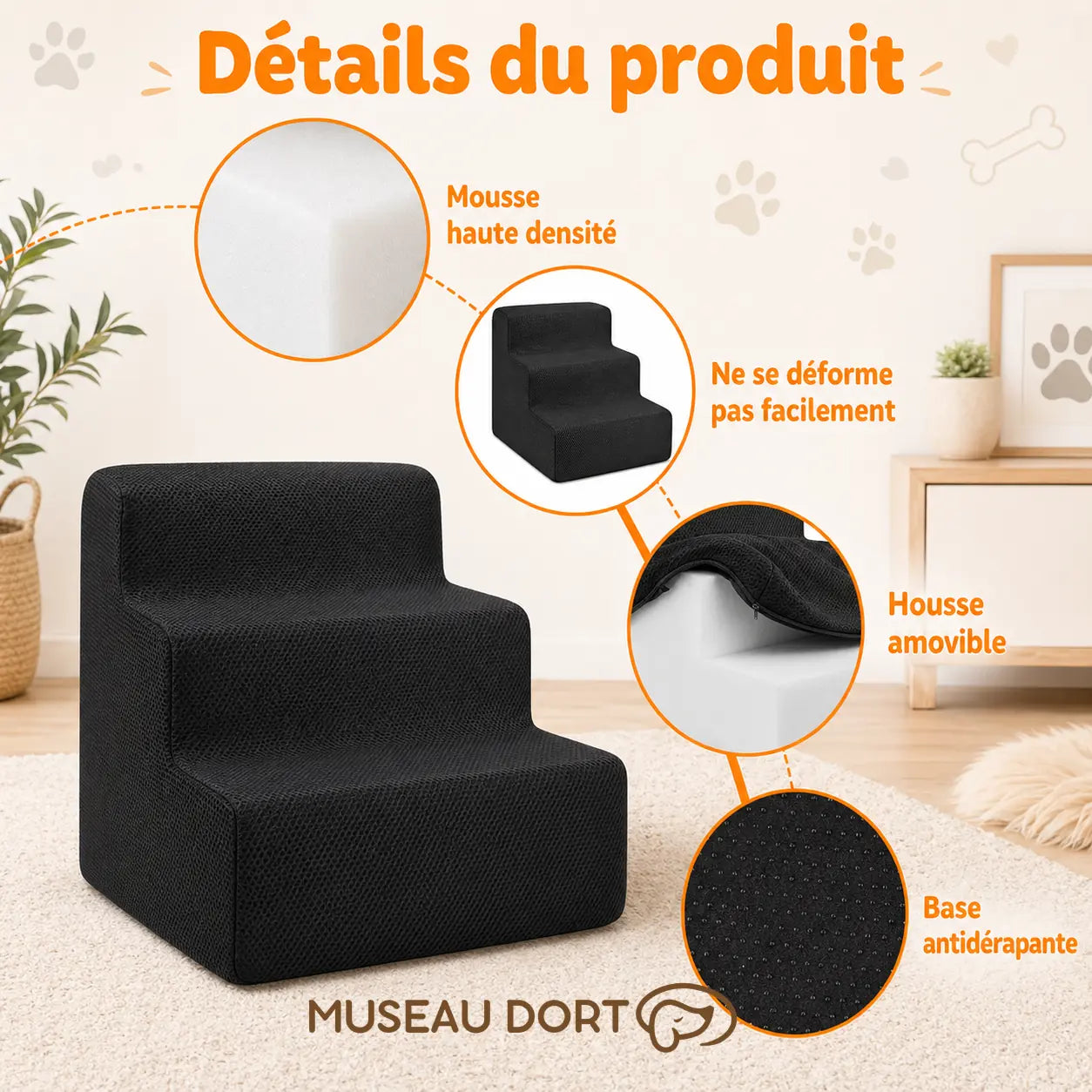 Escalier en mousse pour chien avec mousse haute densité, housse amovible et base antidérapante, Museau Dort