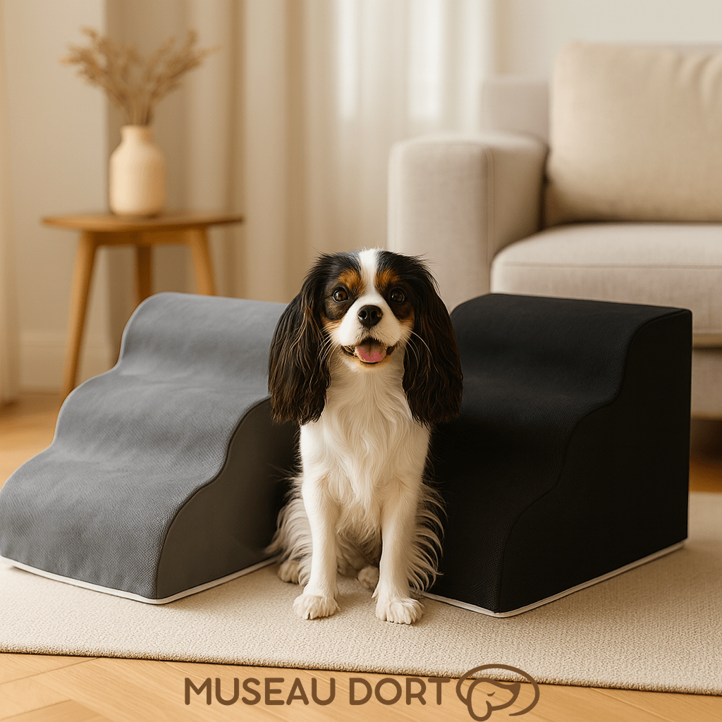 Escalier pour chien 2 et 3 marches avec Cavalier King Charles en salon moderne Museau Dort
