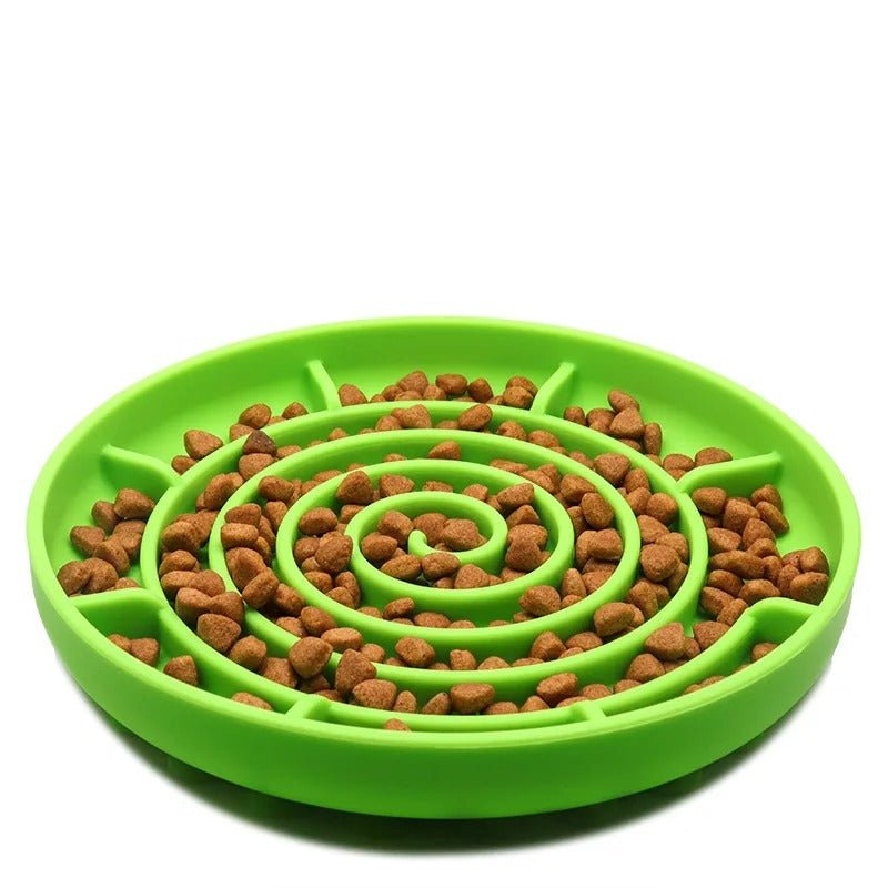 Gamelle anti glouton verte pour chien en spirale remplie de croquettes pour ralentir l’alimentation –Museau Dort