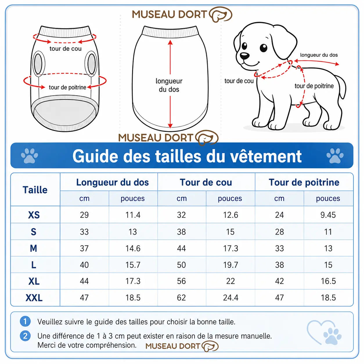 Guide des tailles pour sweat à capuche chien avec mesures du dos, cou et poitrine
