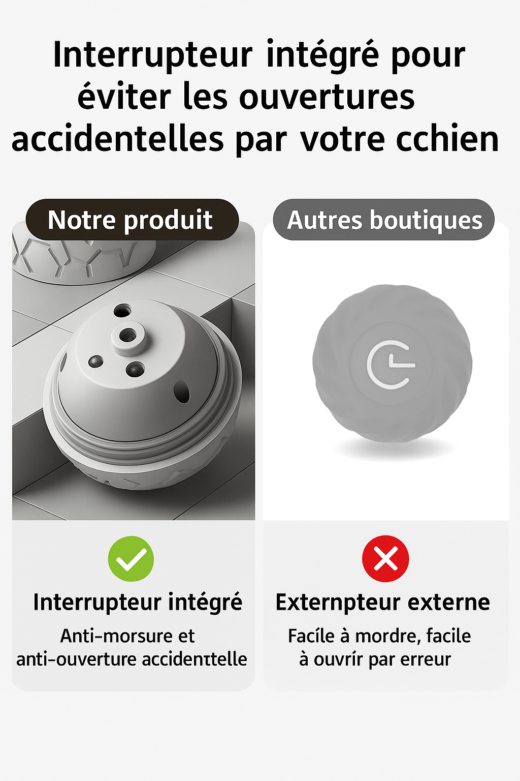 Comparatif interrupteur intégré vs externe pour balle interactive pour chien. Disponible chez Museau Dort.