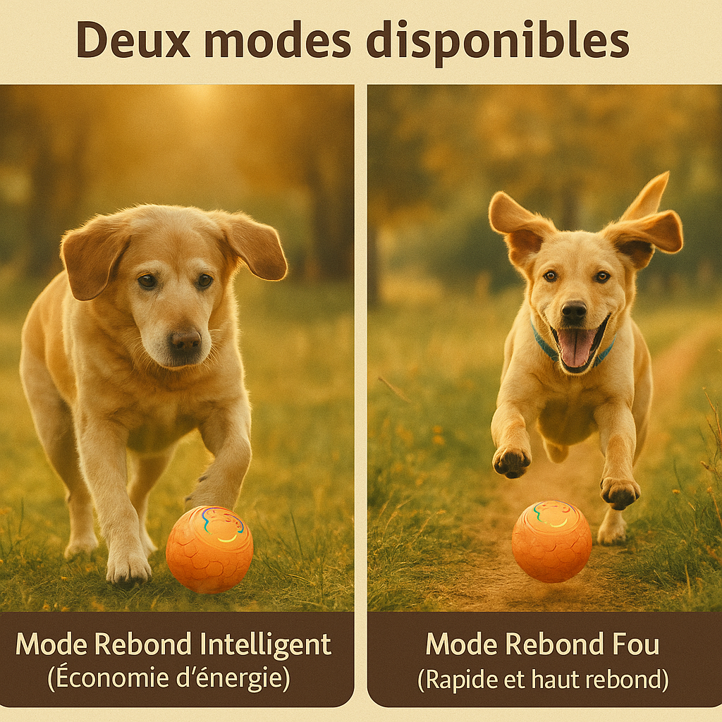 Deux chiens jouent avec une balle interactive en mode rebond intelligent et rebond fou â Disponible chez Museau Dort.