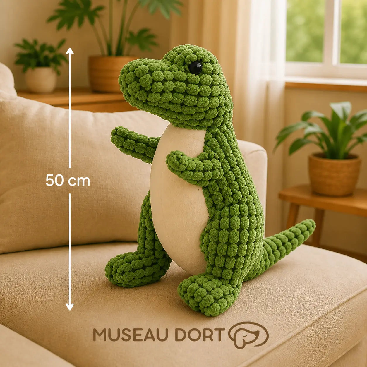 Peluche chien dinosaure vert 50 cm sur canapé, jouet doux pour chien âgé anxieux – Museau Dort
