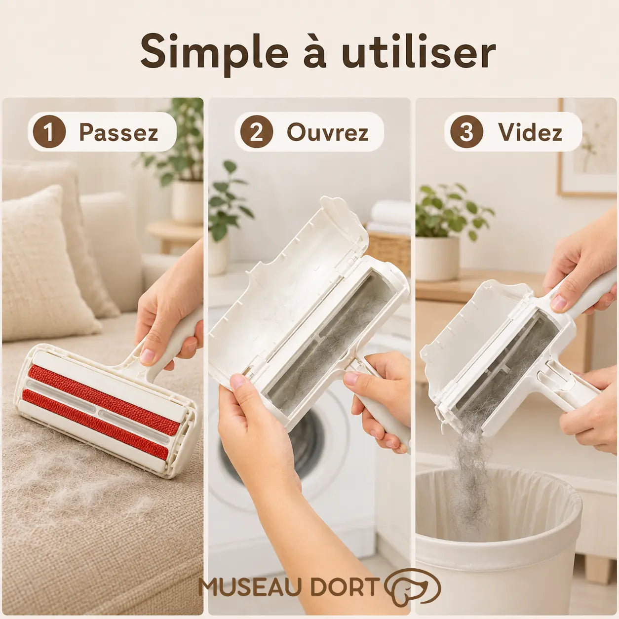 Rouleau anti-poils chien simple à utiliser avec étapes passer ouvrir vider