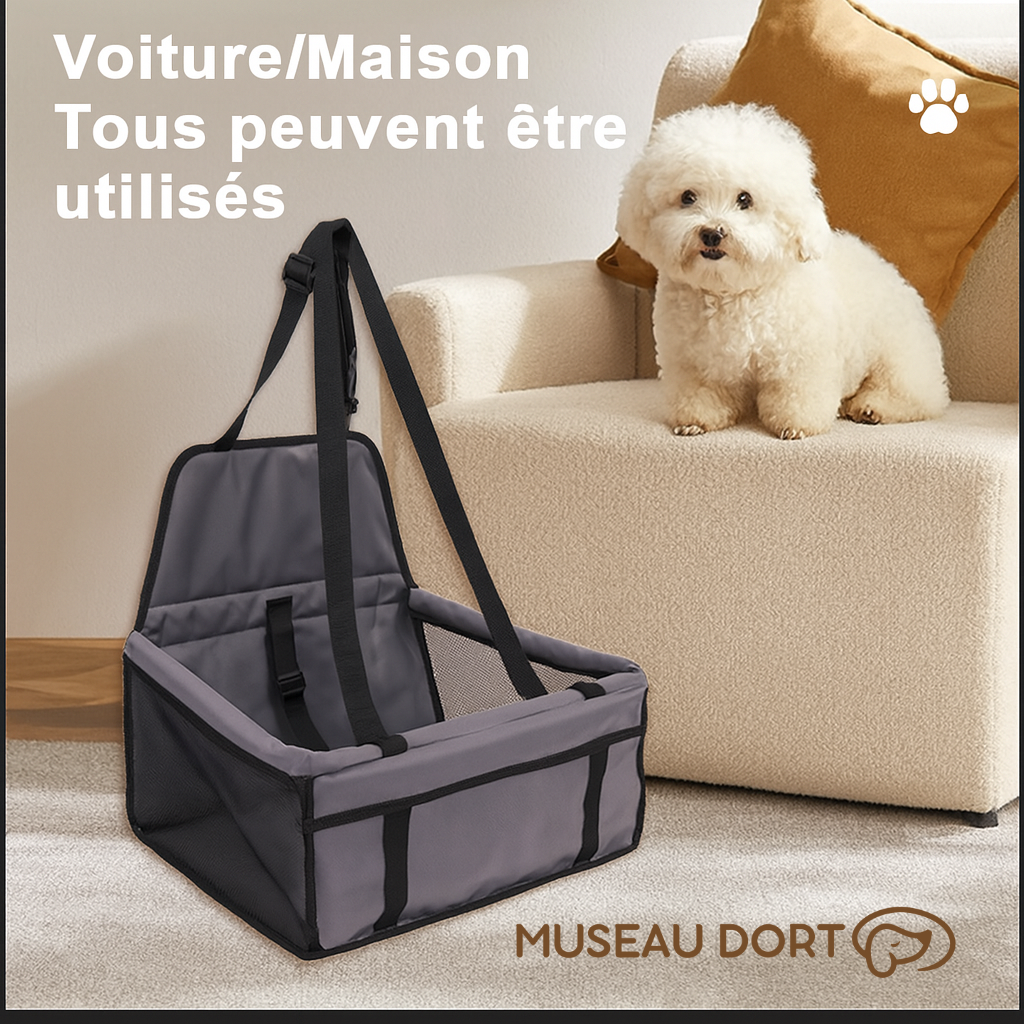 Siège auto pour chien gris utilisé à la maison ou en voiture, pratique et polyvalent – Disponible chez Museau Dort