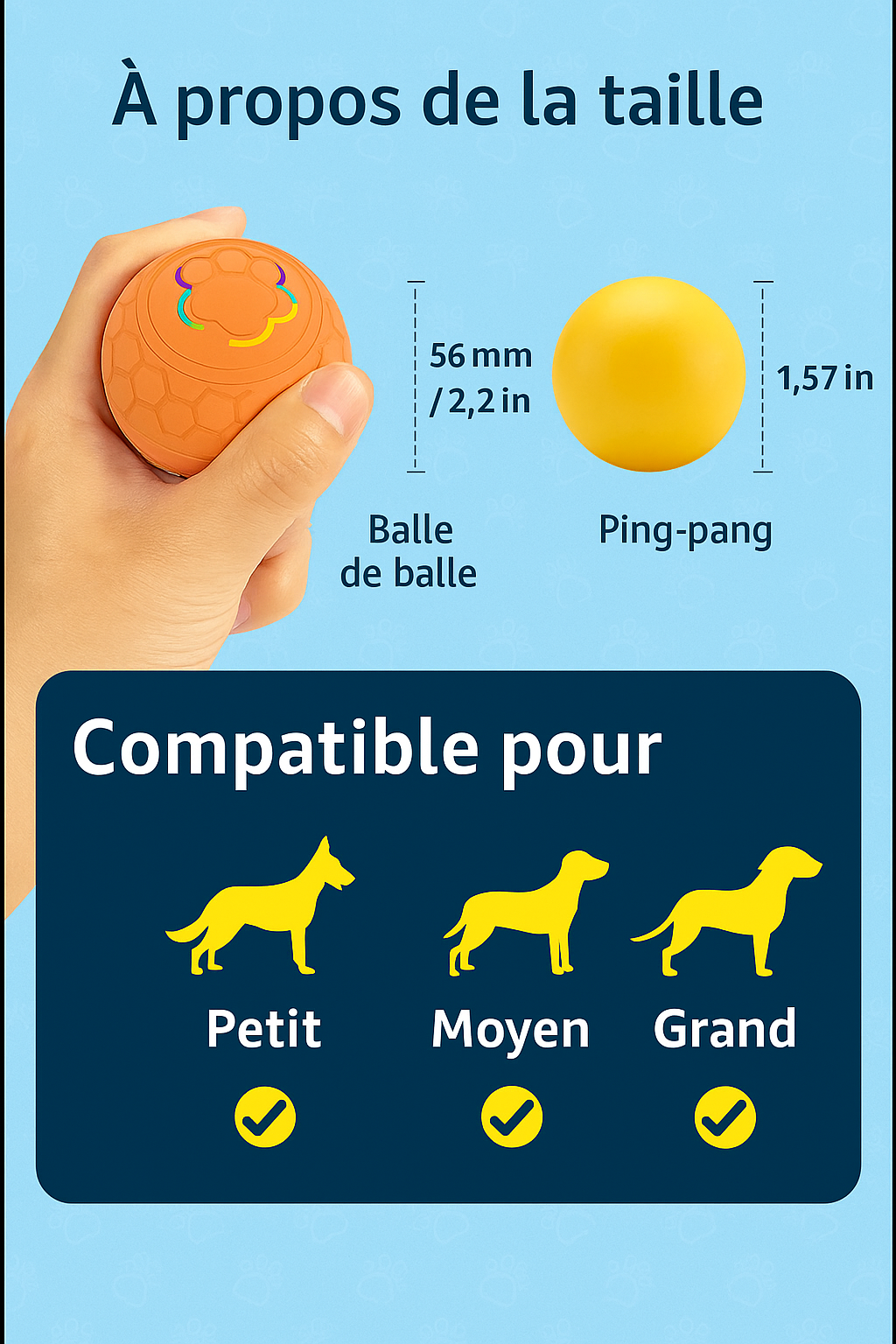 Comparaison de taille de balle interactive pour chien â Convient aux petits, moyens et grands chiens. Disponible chez Museau Dort.