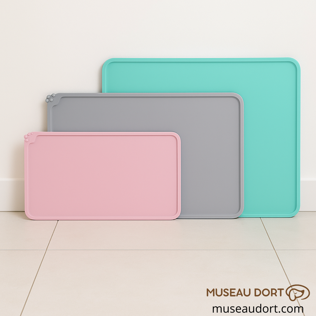 Tapis gamelle chien en trois tailles et trois couleurs rose, gris et vert, alignés contre un mur pour montrer la différence de dimensions Museau Dort