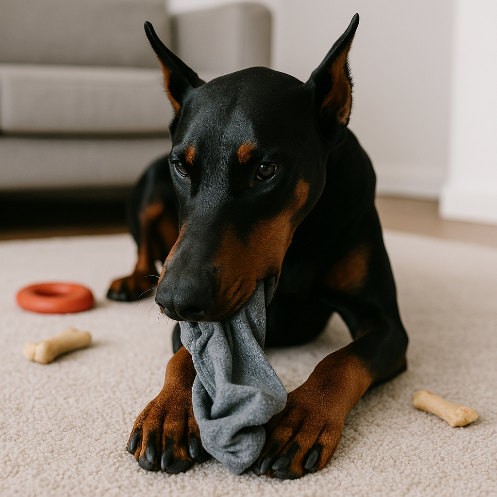 Doberman mâchant un tissu gris sur un tapis, comportement lié au syndrome de Pica chez le chien.