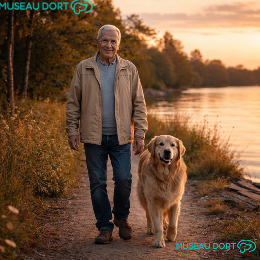 Maître et chien sénior vus de face en balade au bord de l’eau, moment de confiance et de complicité au quotidien, Museau Dort