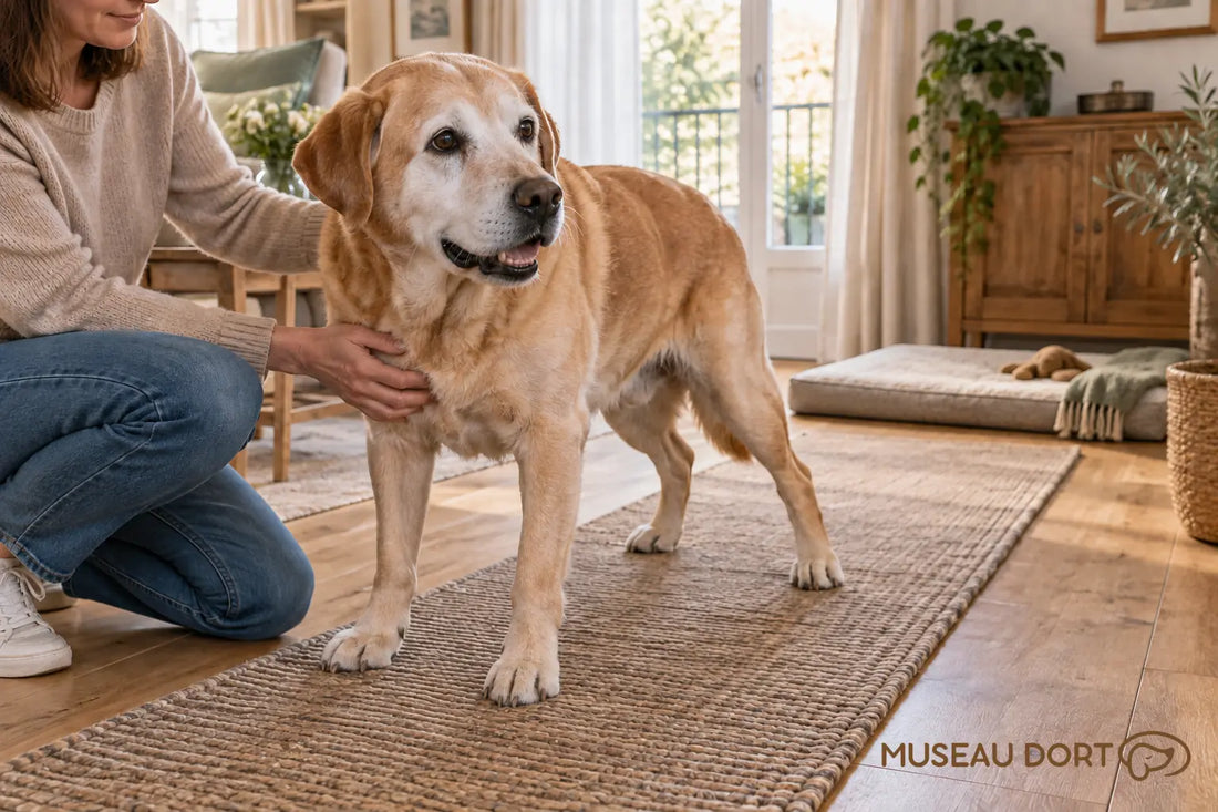 Chien âgé aux pattes arrière faibles sur un tapis antidérapant près d’un couchage bas