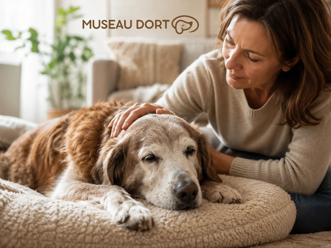 Chien en fin de vie reposant près de sa maîtresse dans un salon calme – Museau Dort