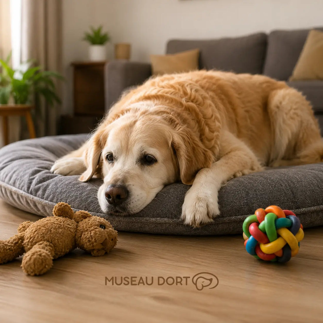 Chien âgé couché sur un coussin gris, près de ses jouets, dans un salon calme et lumineux de la maison