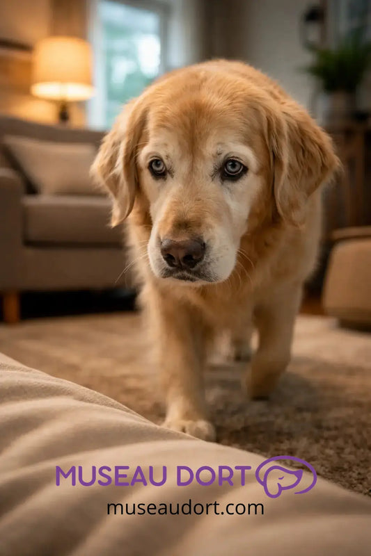 chien âgé qui avance prudemment dans un salon, signe possible de perte de vision chez le chien senior, Museau Dort