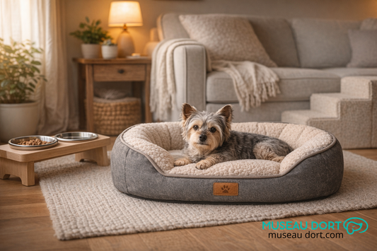 Chien âgé reposant sur un lit orthopédique dans un salon moderne avec gamelle surélevée et escalier pour canapé, Museau Dort