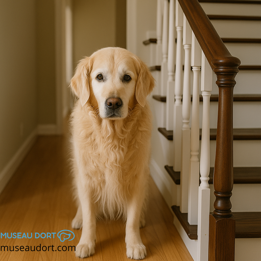 “Chien âgé debout en bas d’un escalier intérieur dans une maison française, illustration du blog Museau Dort”