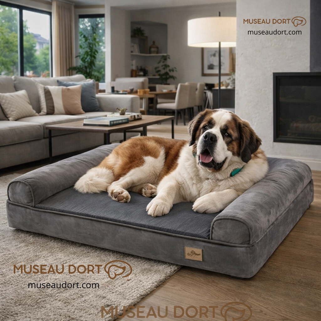 Saint Bernard couché dans le coussin pour chien prouvant son confort.
