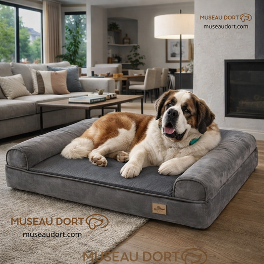 Saint Bernard couché dans le coussin pour chien prouvant son confort.