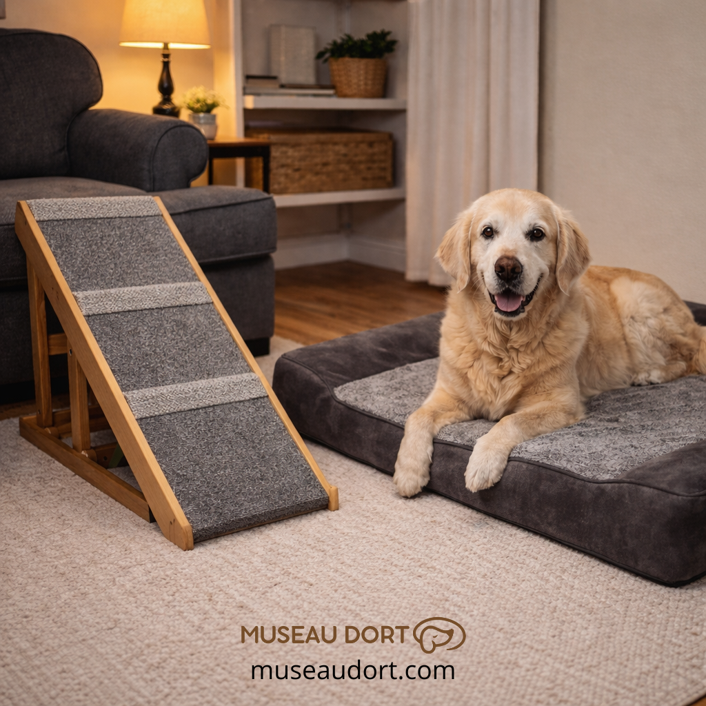 Chien sénior allongé sur un lit orthopédique avec rampe d’accès au canapé pour limiter les sauts – Museau Dort