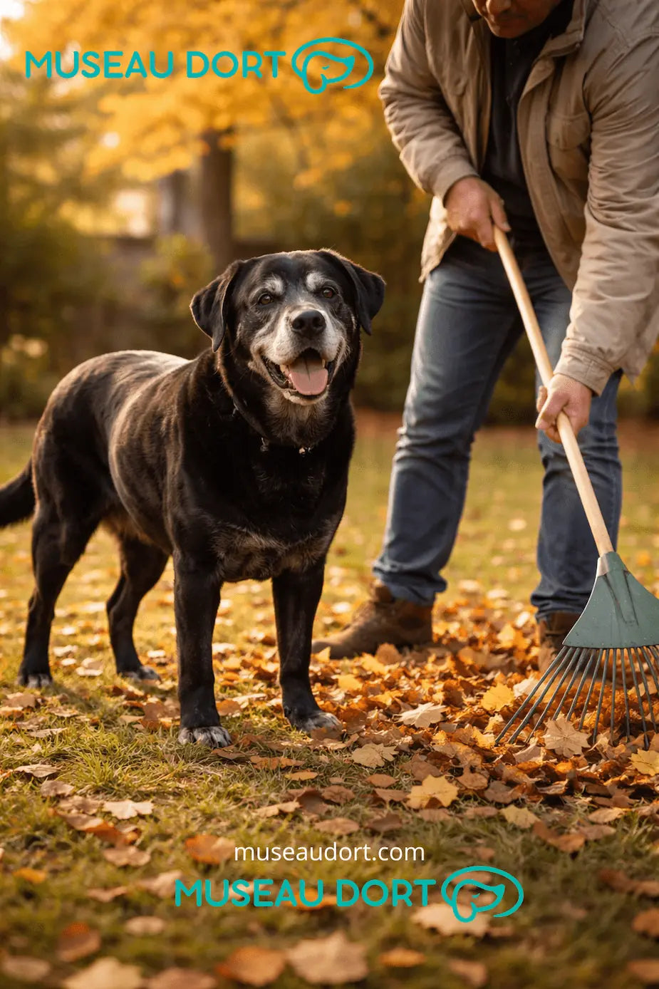 Chien âgé labrador noir au museau blanchi debout avec son maître ramassant des feuilles en automne – Museau Dort