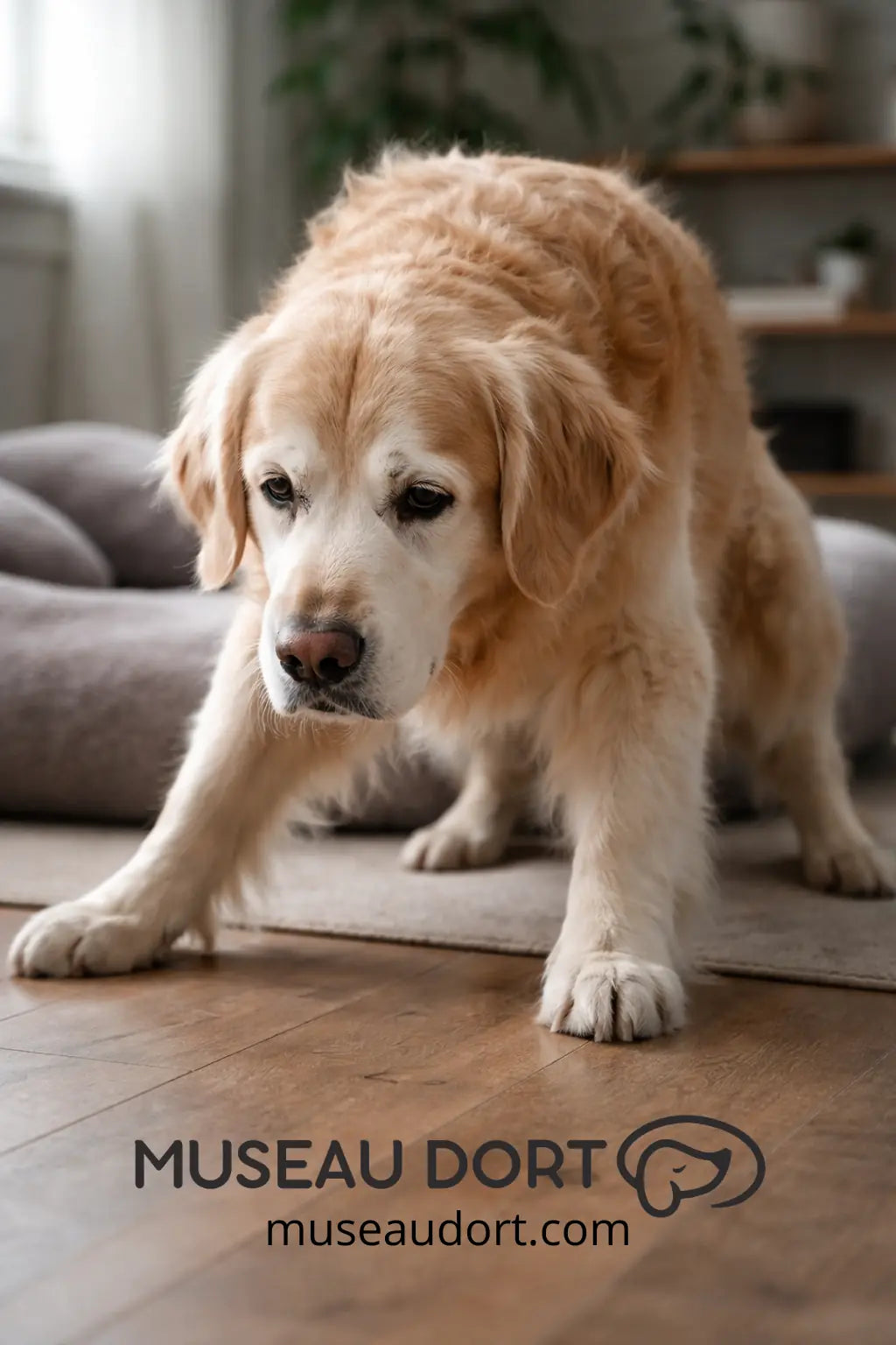 chien âgé qui a du mal à se lever sur un plancher en bois, signe possible d’arthrose chez le chien senior Museau Dort