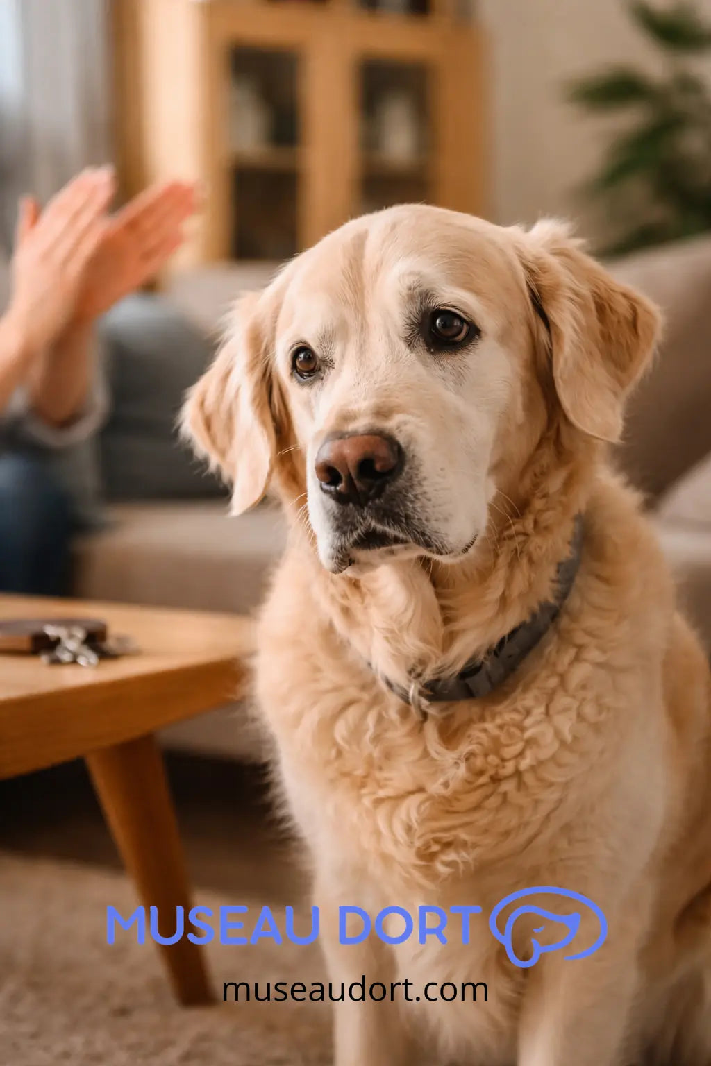 chien âgé qui n’entend plus bien dans un salon pendant un test auditif à la maison Museau Dort
