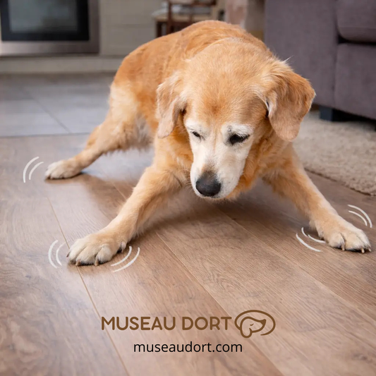chien âgé qui glisse sur un parquet dans la maison perte d’équilibre chez un chien senior sur sol glissant