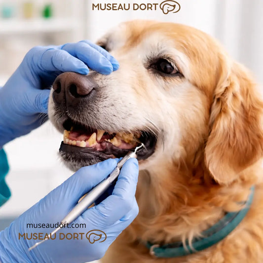 Inspection dentaire d’un chien âgé chez le vétérinaire avec léger tartre visible sur les dents – Museau Dort