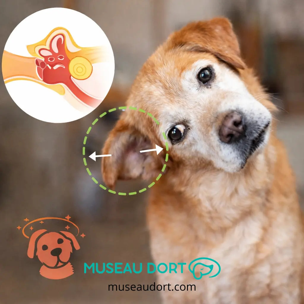chien âgé avec tête penchée et signes de syndrome vestibulaire, schéma de l’oreille interne Disponible chez Museau Dort