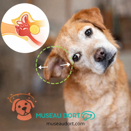 chien âgé avec tête penchée et signes de syndrome vestibulaire, schéma de l’oreille interne Disponible chez Museau Dort