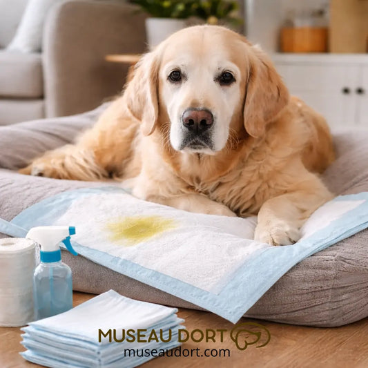 Chien âgé allongé sur un coussin avec alèse absorbante pour incontinence urinaire à la maison – Museau Dort