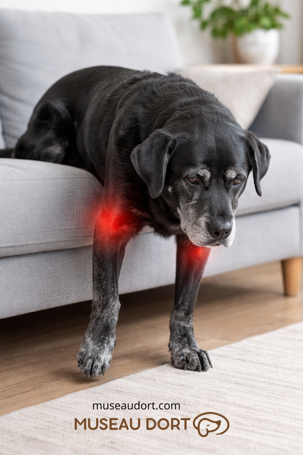 Chien âgé labrador noir descendant du canapé avec signes de douleur aux épaules et pattes avant – Museau Dort