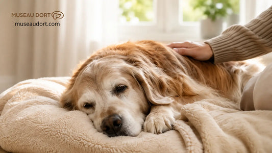 Chien senior allongé sur un coussin moelleux, accompagné avec douceur en fin de vie