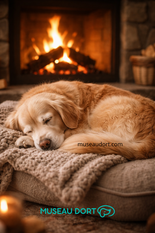 Chien âgé reposant en boule devant un feu de foyer, image de calme et d’accompagnement en fin de vie – Museau Dort