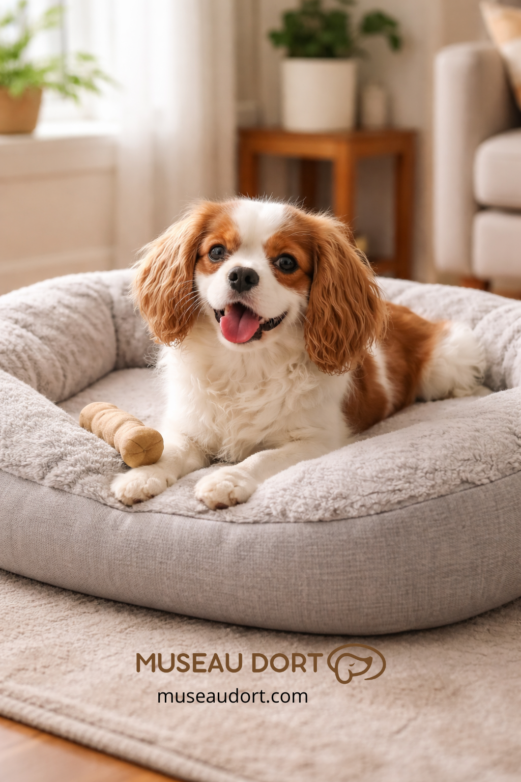 Chien confortablement installé sur un coussin moelleux dans un salon lumineux, espace de repos apaisant pour la maison.