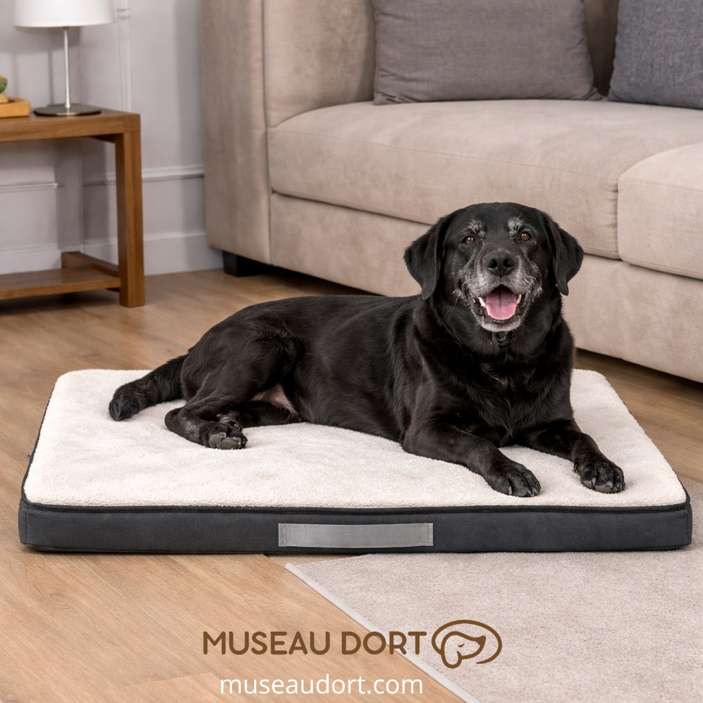 Lit orthopédique pour chien âgé mince avec labrador noir senior en salon moderne
